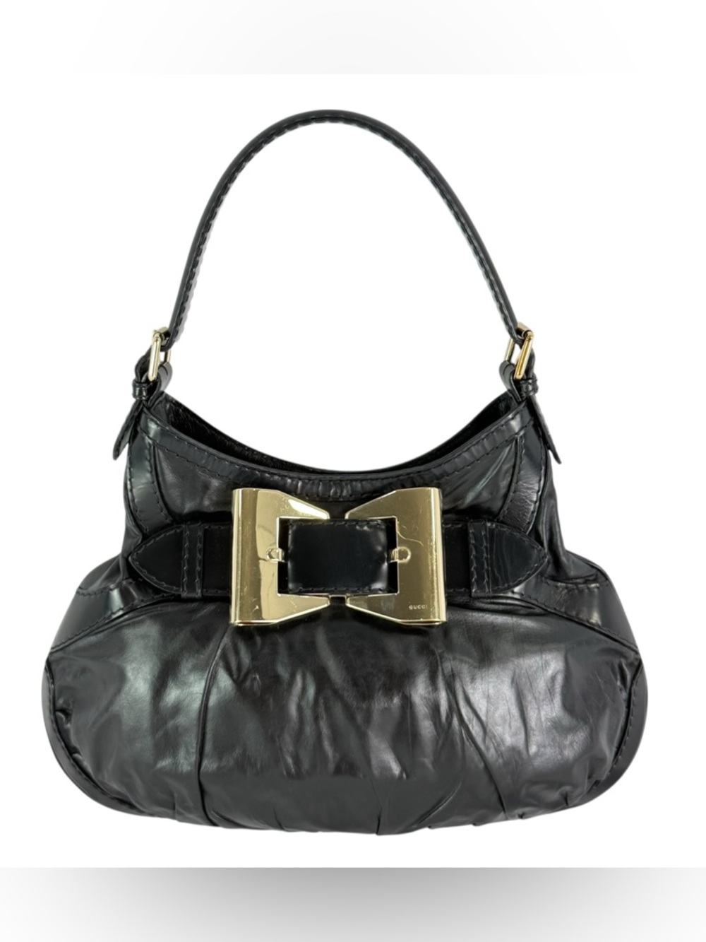 GUCCI 189885 Authentic Black Leather Queen Hobo Tote Shoulder Bag Made in Italy